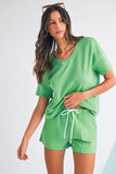 V-Neck Drop Shoulder T-Shirt and Patchwork Shorts Set- 3 Colors