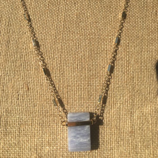 Gold Tone Natural Stone Pendant Necklace- Blue