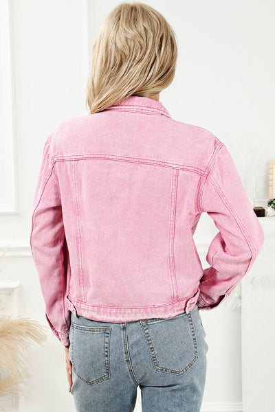 Women's Pink Celine Acid Wash Button Flap Pocket Denim Jacket