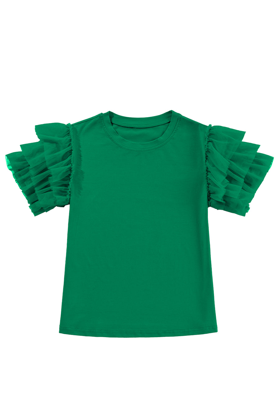 Green Crew Neck Ruffled Tulle Short Sleeve Blouse