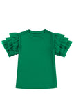 Green Crew Neck Ruffled Tulle Short Sleeve Blouse