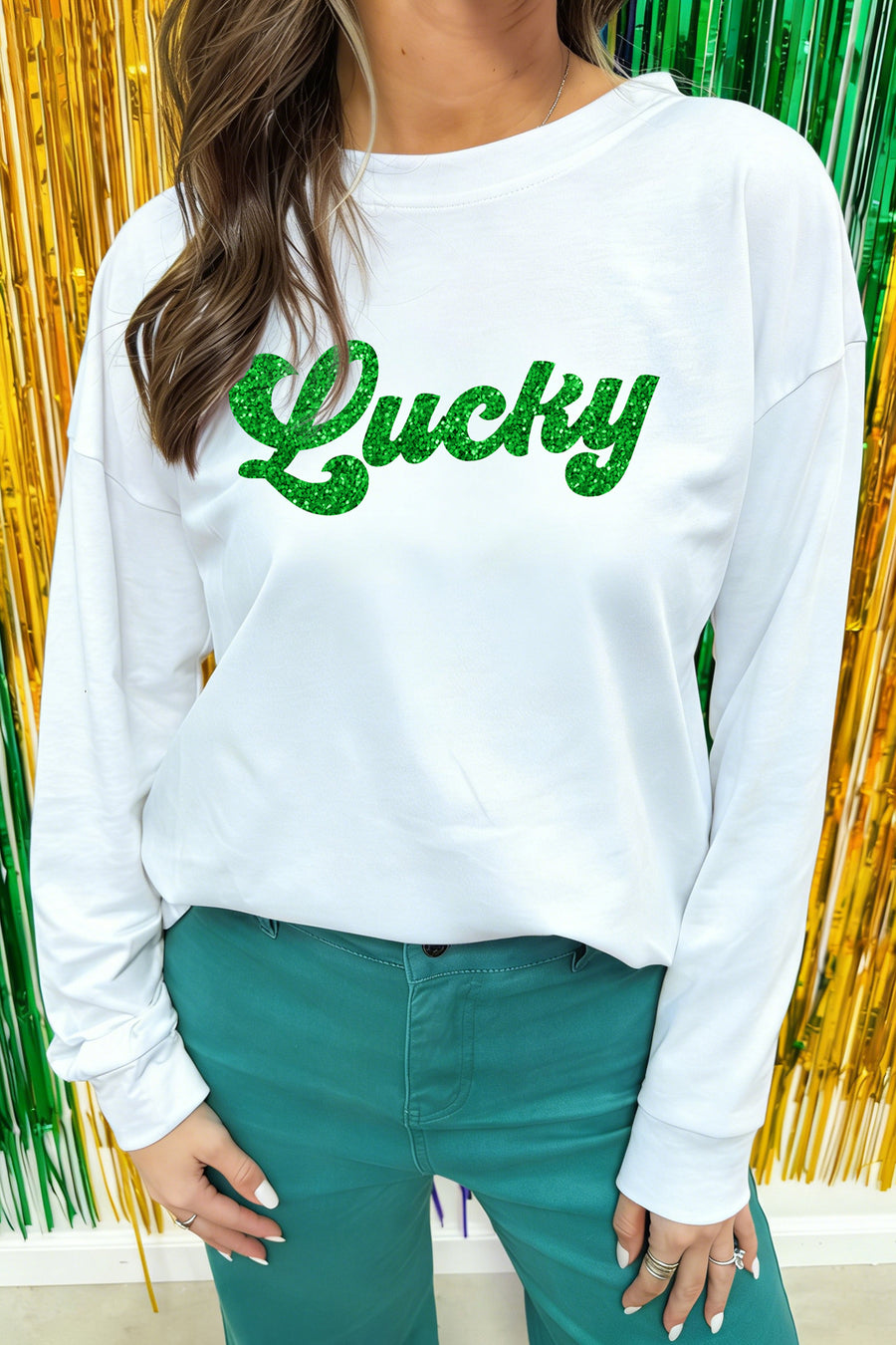 White Lucky Heat Transfer Printed Long Sleeve Shirt