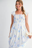 Blue Floral Smocked High Waist Ruffle Sleeveless Midi Dress