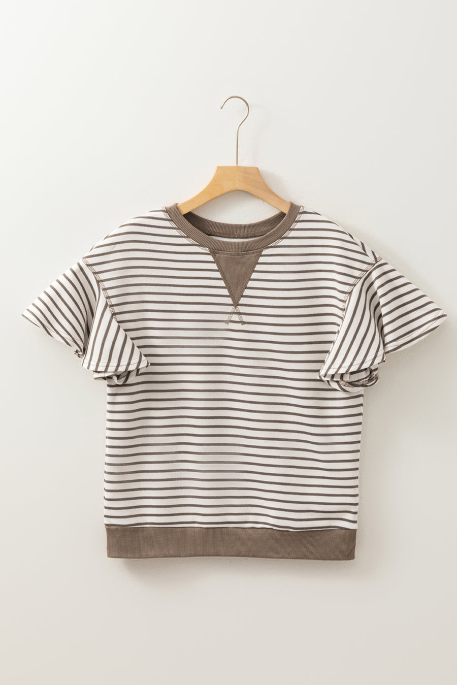 Striped Ruffle Sleeve Crew Neck T-Shirt- 3 Colors