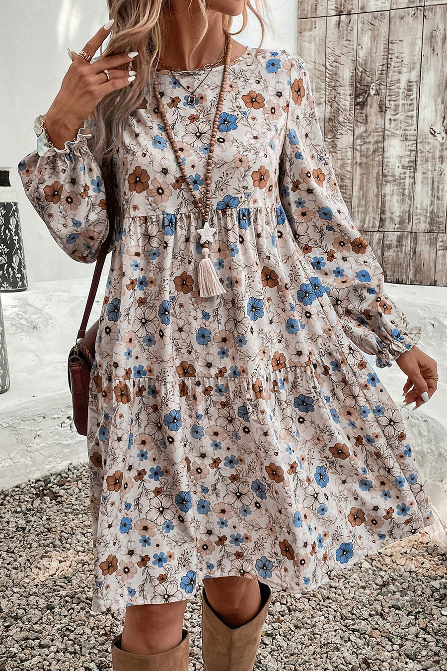 Khaki Floral Print Long Sleeve Tiered Mini Dress