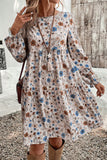 Khaki Floral Print Long Sleeve Tiered Mini Dress