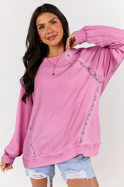 Bright Pink Lace Patchwork Raglan Sleeve Loose Fit Sweatshirt