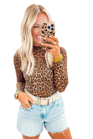 Brown Leopard Mock Neck Long Sleeve Mesh Top