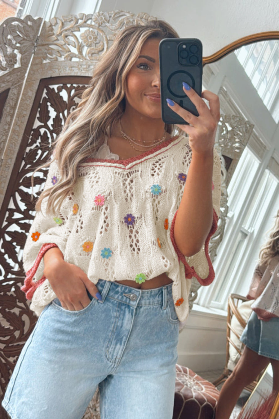 Ivory Floral Crochet Contrast Trim Knit Sweater