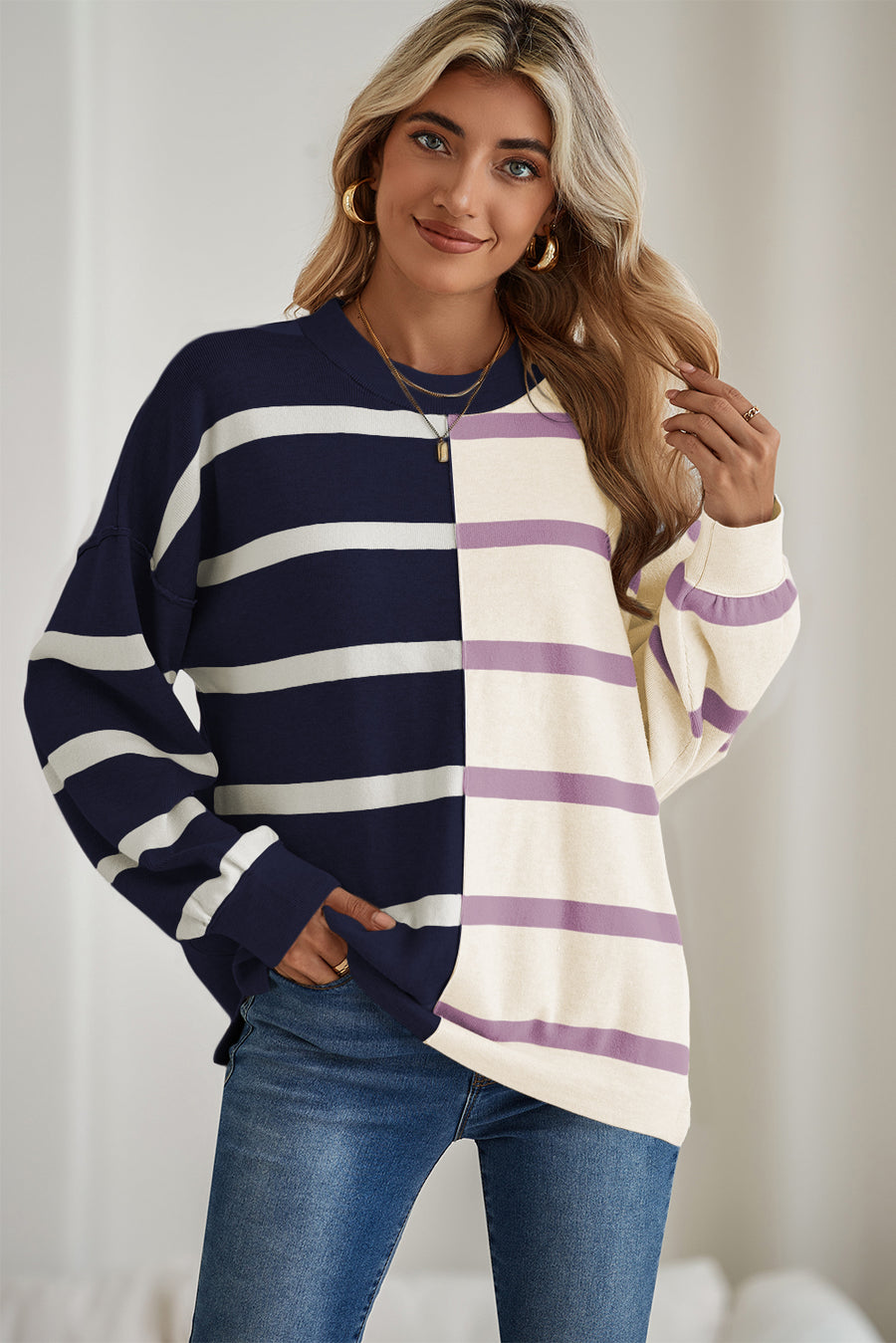 Striped Exposed Seam Patchwork Loose Fit Sweater- 4 Colors