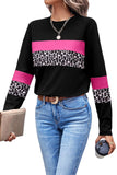 Leopard Print Color Block Patchwork Crew Neck Long Sleeve Top
