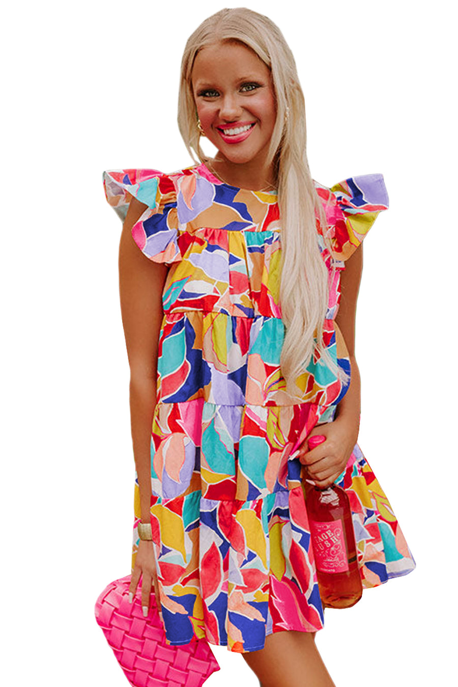 Abstract Print Flutter Sleeve Tiered Mini Dress