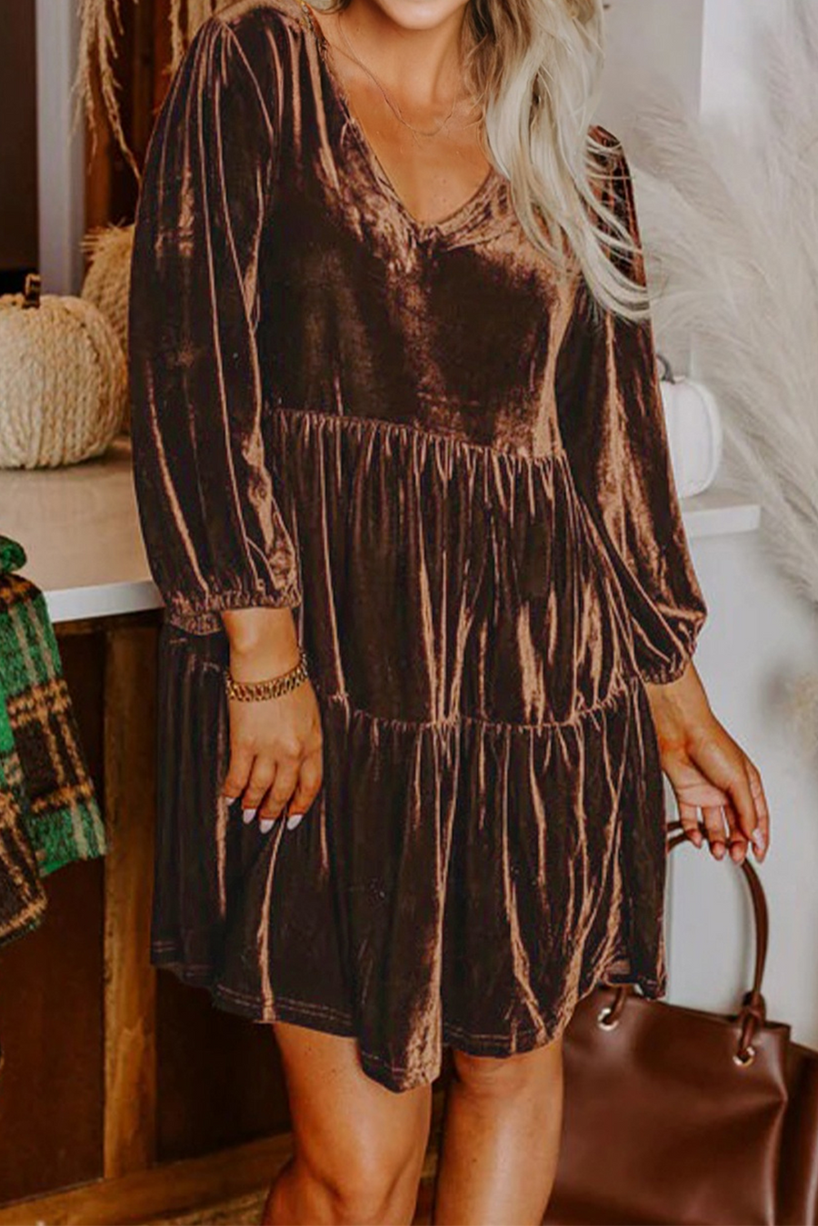 Chicory Coffee Velvet V-Neck Long Sleeve Tiered Mini Dress