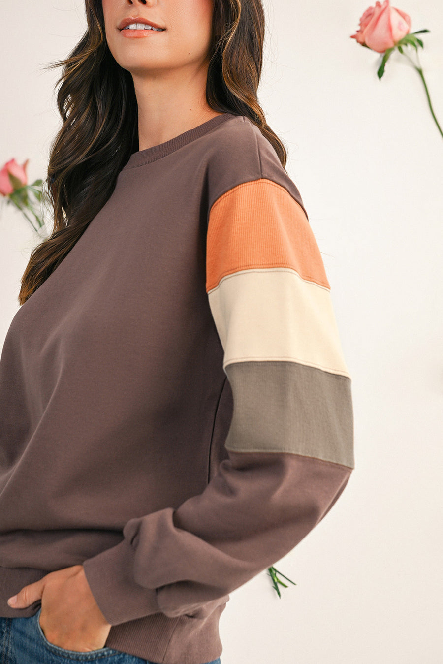Dark Khaki Multi Colorblock Drop Shoulder Pullover Sweatshirt