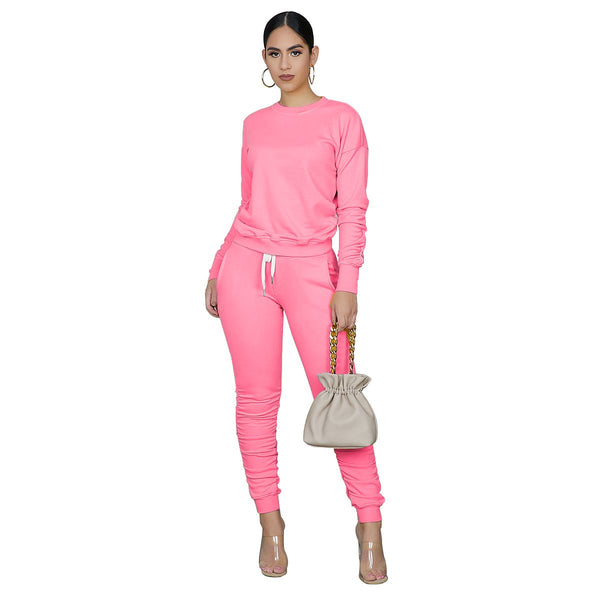 Women's Ruched Sweatshirt and Sweat Pants Two-Piece- Set 6 Colors