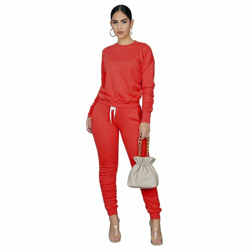 Women's Ruched Sweatshirt and Sweat Pants Two-Piece- Set 6 Colors