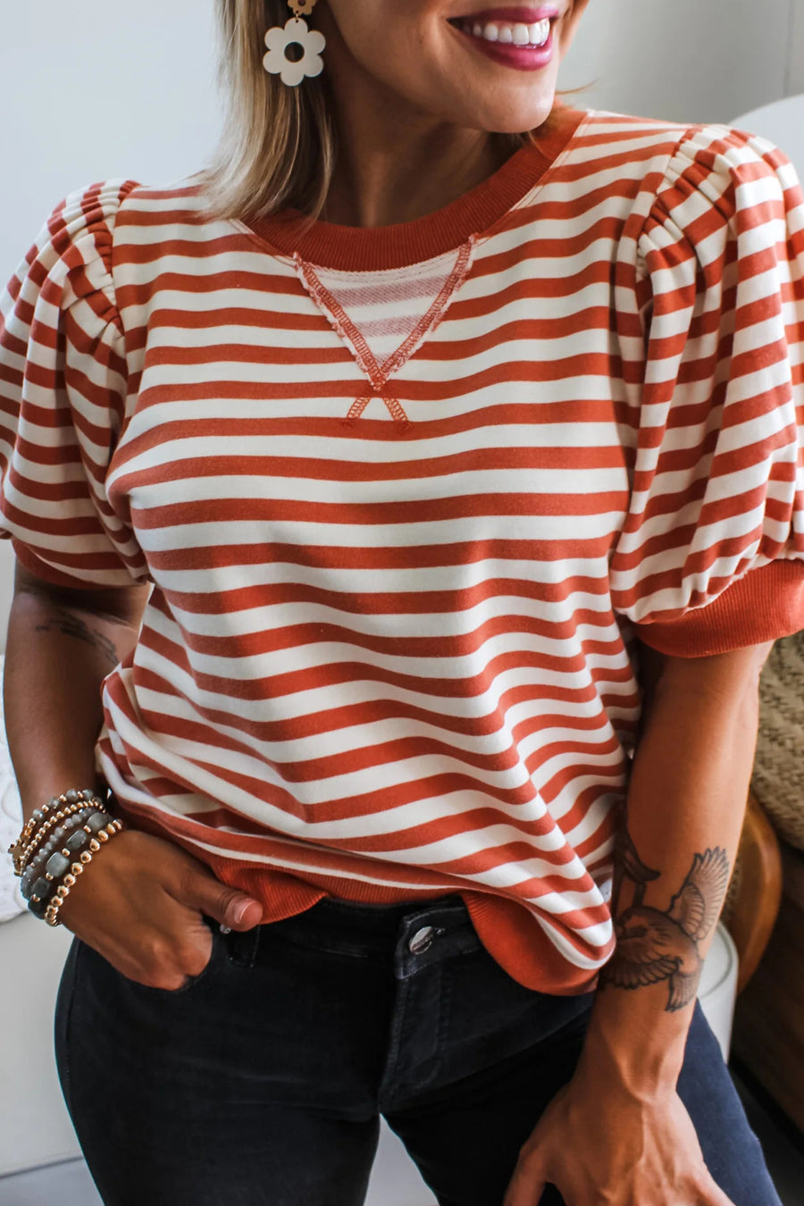 Striped Short Bubble Sleeve T-Shirt- 3 Colors
