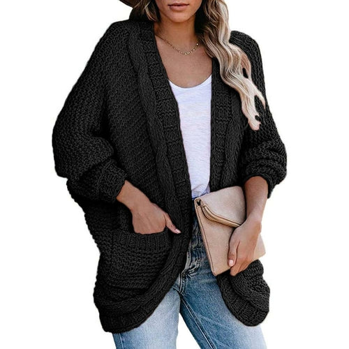 Women's Batwing Sleeve Curved Hem Cardigan with Pockets- 4 Colors