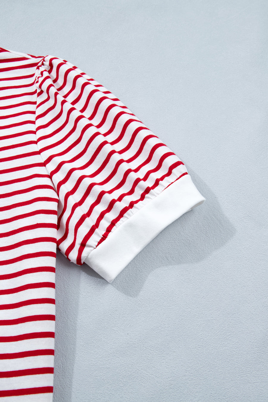 Red Striped Contrast Trim Crew Neck Short Puff Sleeve T-Shirt
