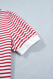 Red Striped Contrast Trim Crew Neck Short Puff Sleeve T-Shirt