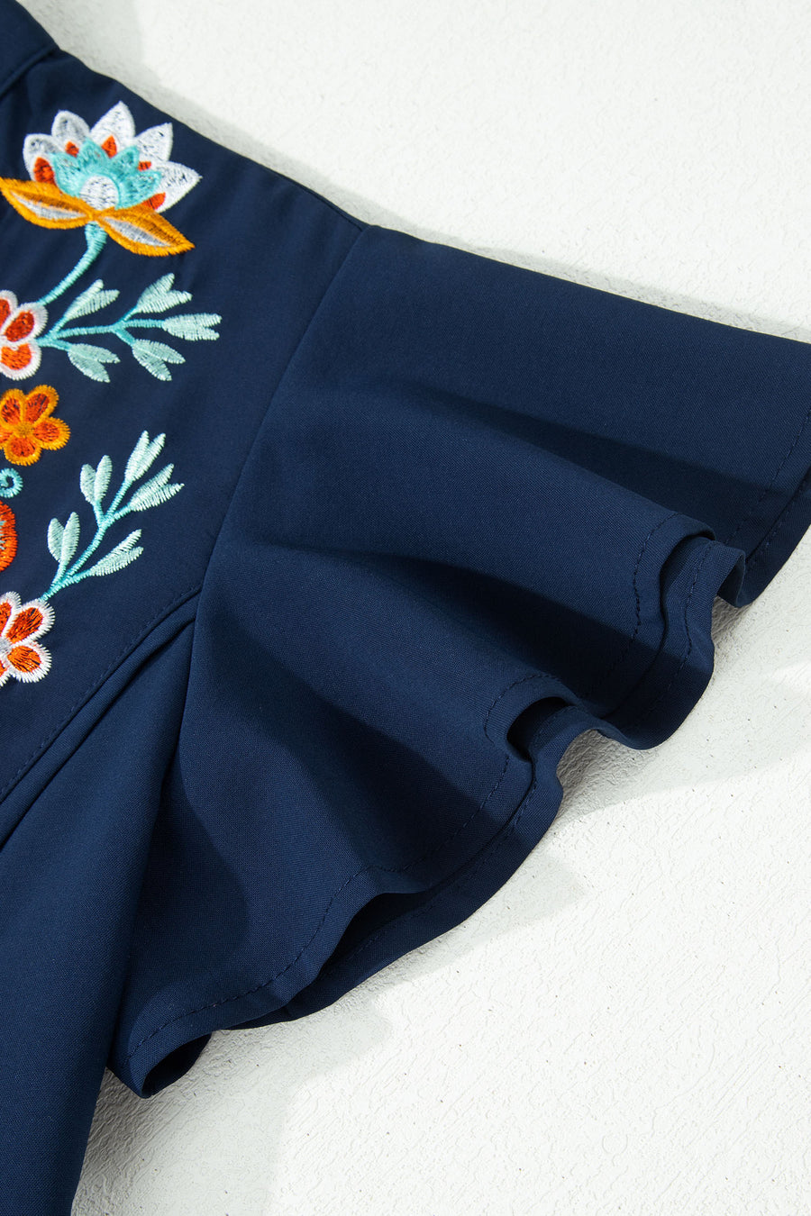 Navy Blue V-Neck Ruffled Sleeve Floral Embroidered Babydoll Blouse