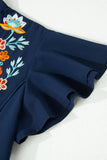 Navy Blue V-Neck Ruffled Sleeve Floral Embroidered Babydoll Blouse