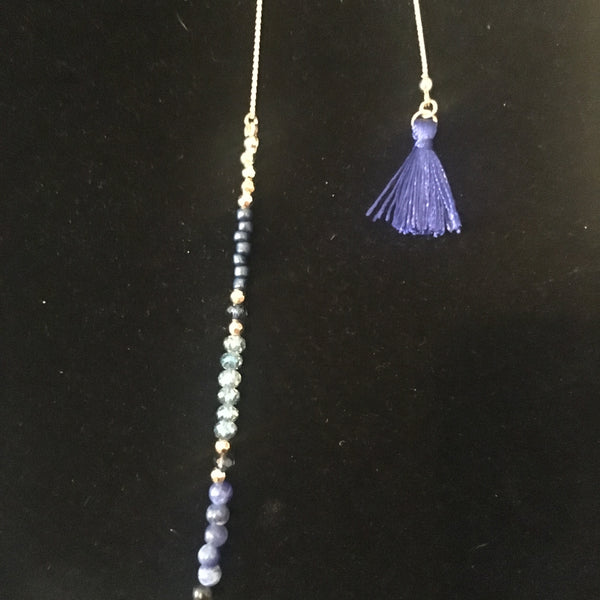 Gold Tone Adjustable Teardrop, Beads, & Tassel Necklace- Navy