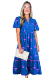 Blue Floral Print Notched Neck Flounce Sleeve Maxi Dress with Pockets- 2 Colors