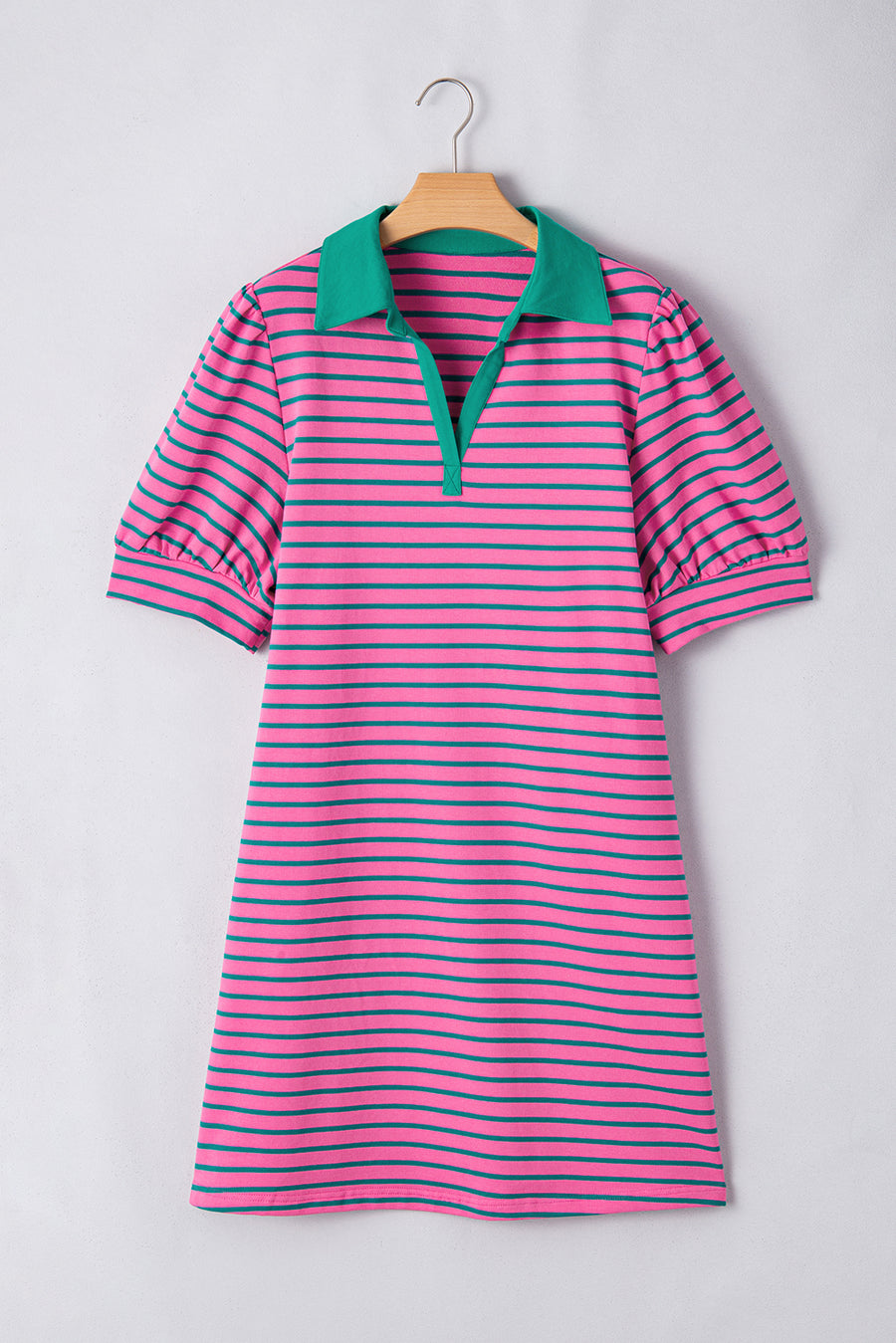 Plus Size Bright Pink and Green Stripe Collared Puff Sleeve Mini Dress with Pockets