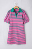 Plus Size Bright Pink and Green Stripe Collared Puff Sleeve Mini Dress with Pockets