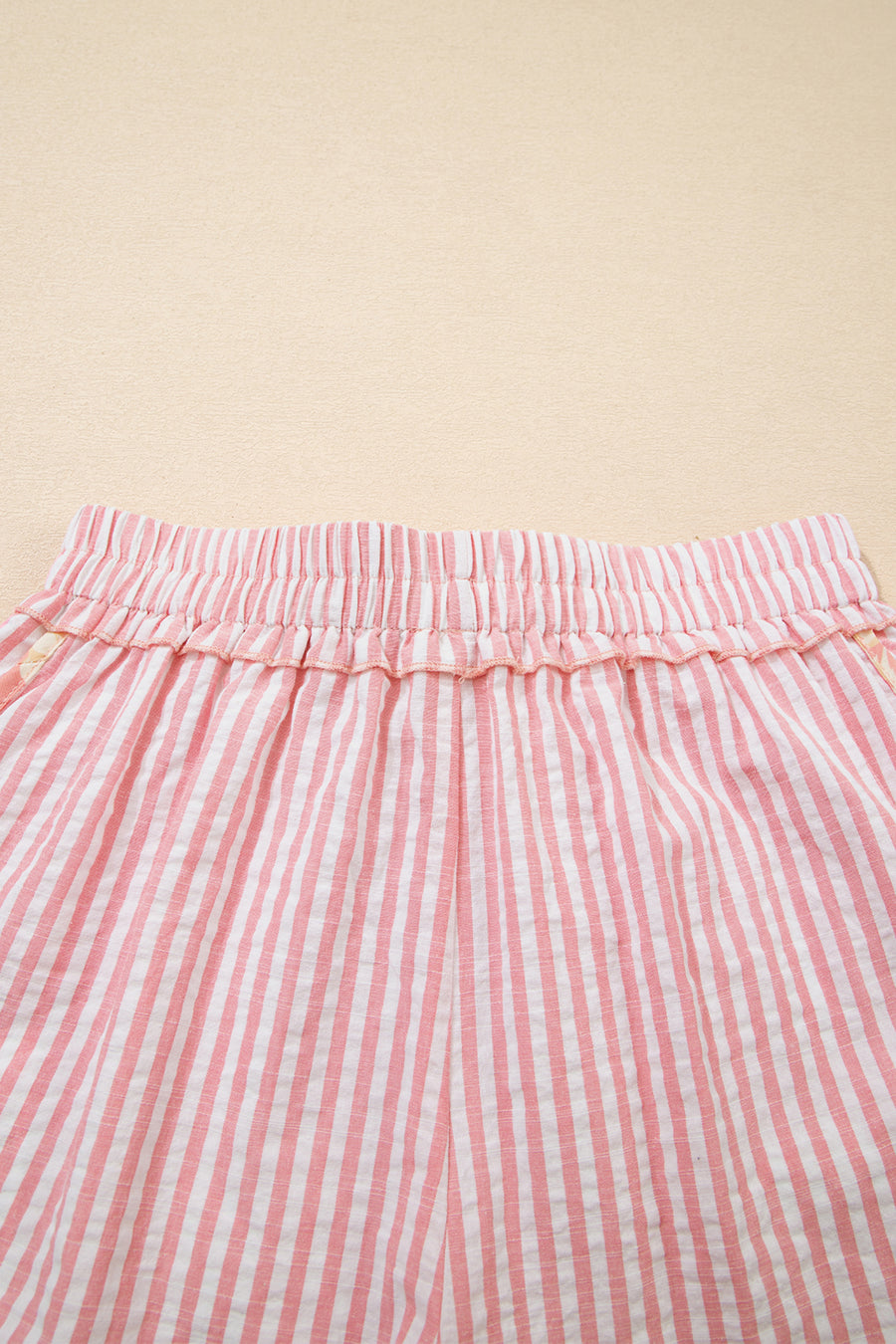 Light Pink Floral Trim Ribbon Drawstring Striped Casual Shorts