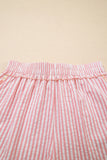 Light Pink Floral Trim Ribbon Drawstring Striped Casual Shorts