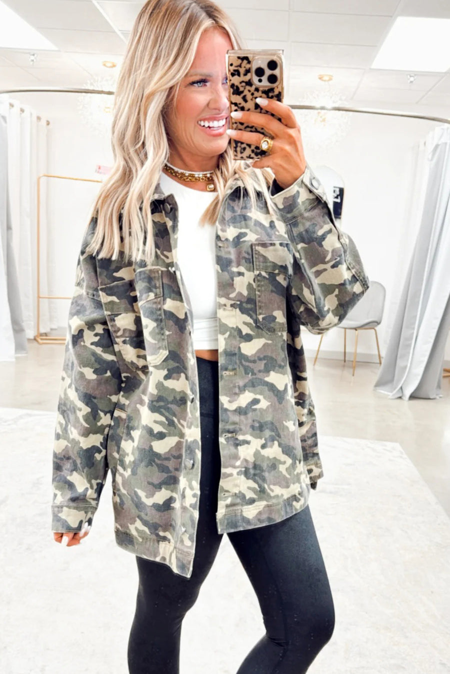 Camouflage Print Chest Pockets Loose Button-Up Denim Jacket