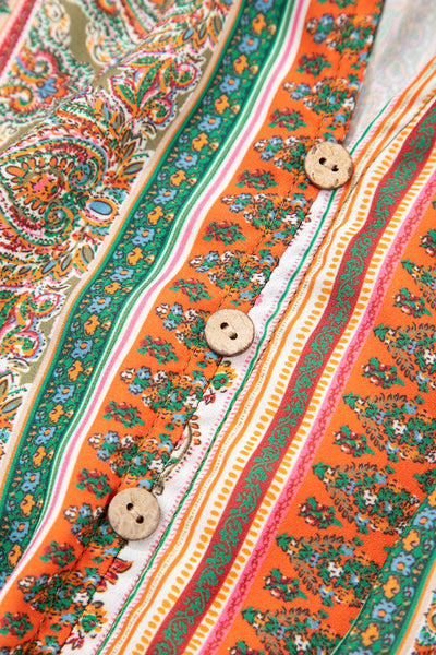 Red Bohemian Floral Print Buttoned V Neck Ruffle Tiered Dress