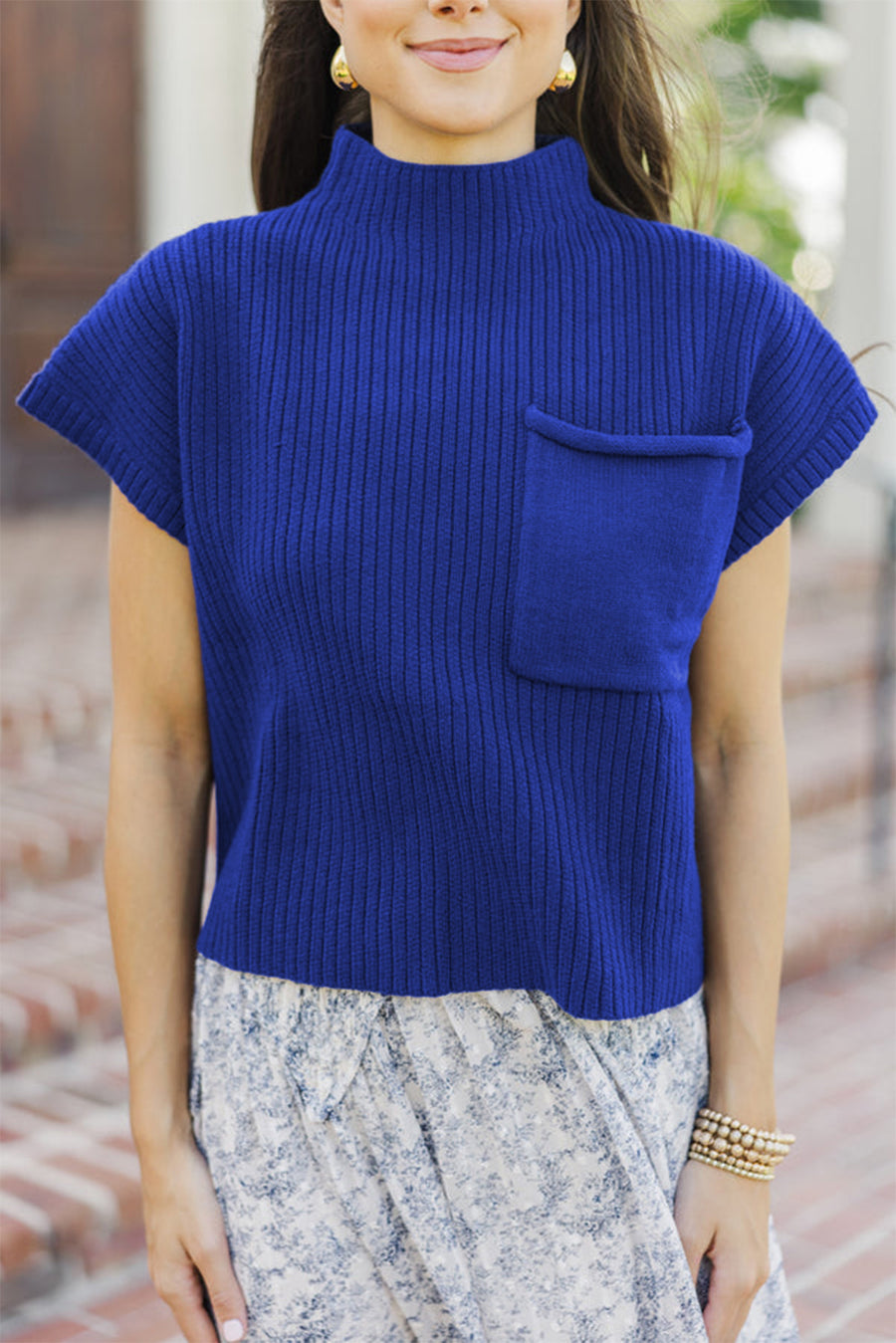 Green Pocket Ribbed Knit Short Sleeve Sweater- 9 Colors