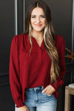 Burgundy Notched Neck Shirred Cuffs Long Sleeve Blouse