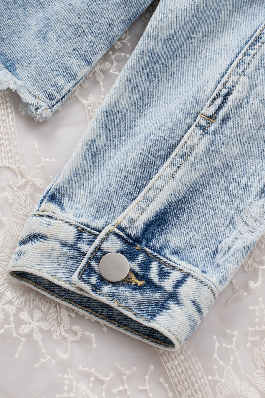 Light Blue Distressed Ripped Raw Hem Denim Jacket