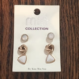 Gold Tone Rhinestone, Knot, and Triangle Post Earrings Trio- White