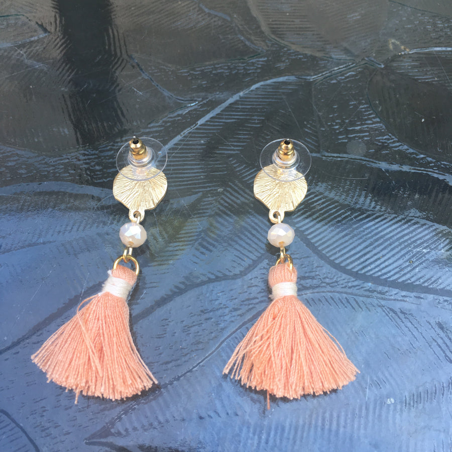 Matte Gold Tone Bead & Tassel Drop Earrings- Peach & Cream
