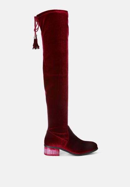 Rumple Velvet Over the Knee Clear Heel Boots- 4 Colors