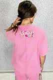 Pink Floral Patched Exposed Seam Oversized T-Shirt- 2 Colors