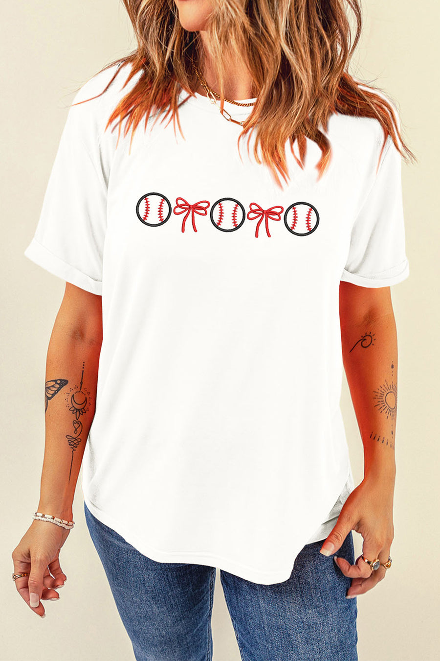 White Baseball Bow Embroidered  T-Shirt