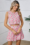 Pink Boho Floral Print Cropped Top Mini Skirt Set