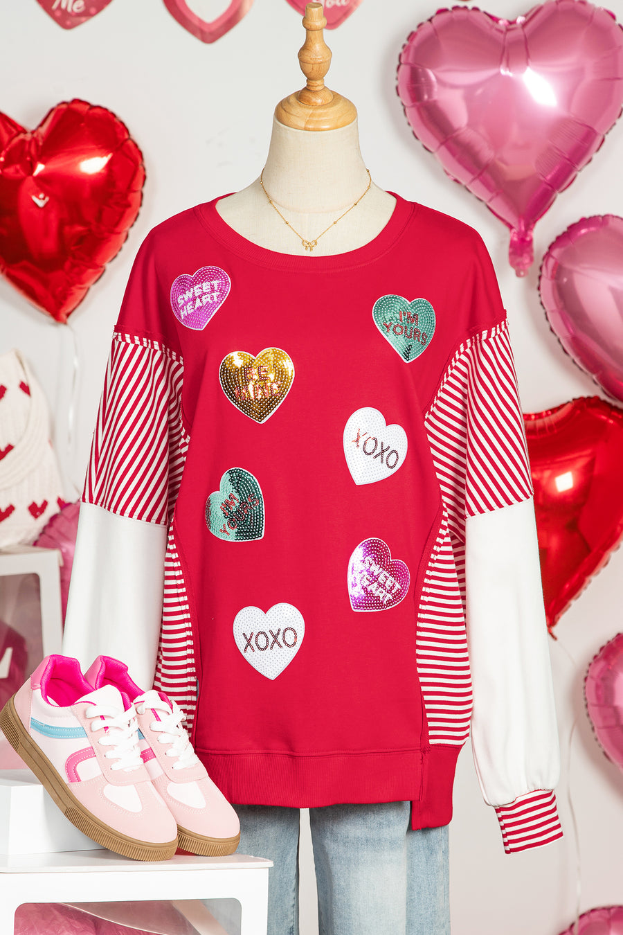 Red Sequin Hearts Striped Color Block Patchwork Drop Shoulder Crew Neck Sweatshirt 2