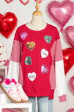 Red Sequin Hearts Striped Color Block Patchwork Drop Shoulder Crew Neck Sweatshirt 2
