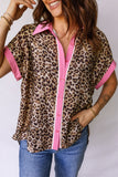 Leopard Print Contrast Trim Short Sleeve Button-Up Shirt
