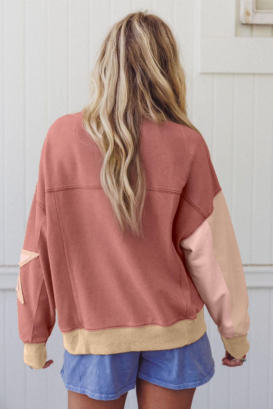 Star Patch Exposed Seam Uneven Hem Sweatshirt- 2 Colors