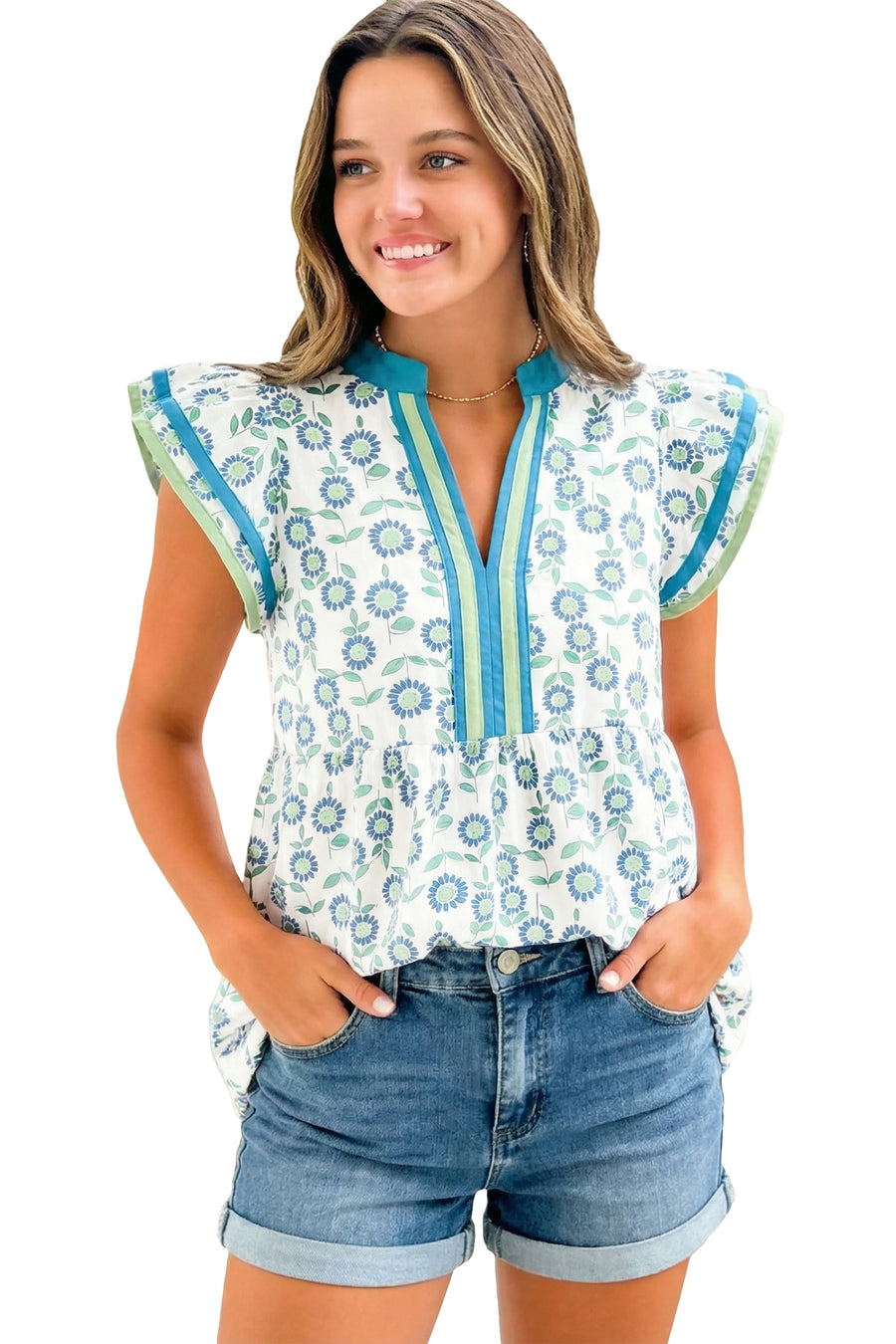 Red Sunflower Printed Contrast Trim V Neck Flutter Sleeve Blouse