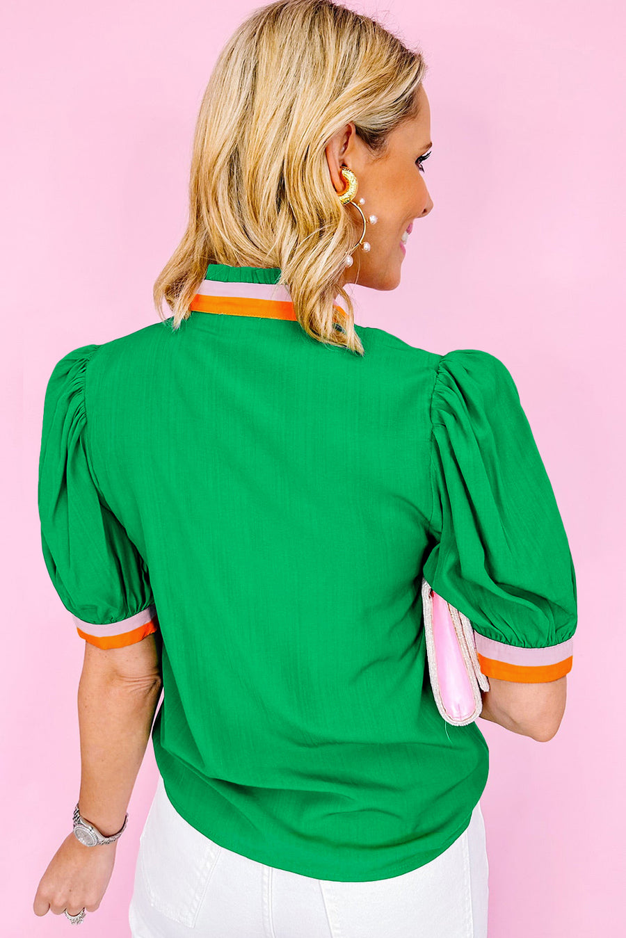 Puff Sleeve Color Block Frill V-Neck Blouse