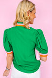 Puff Sleeve Color Block Frill V-Neck Blouse